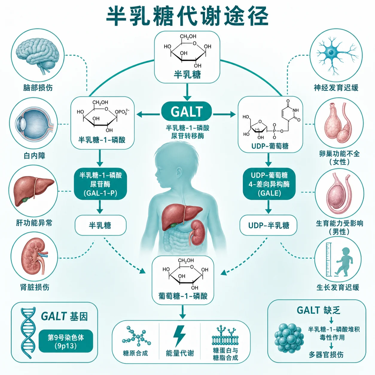 半乳糖血症 - 半乳糖代谢通路示意图