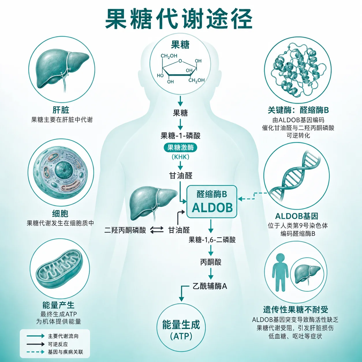 遗传性果糖不耐受 - 果糖代谢途径示意图