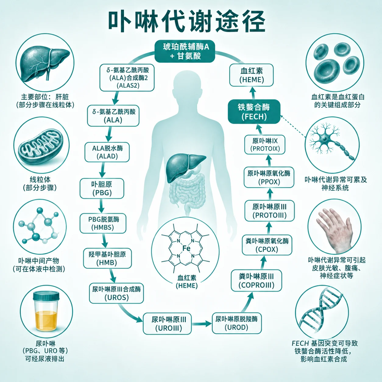 红细胞生成性原卟啉病1 型 - 卟啉代谢通路示意图