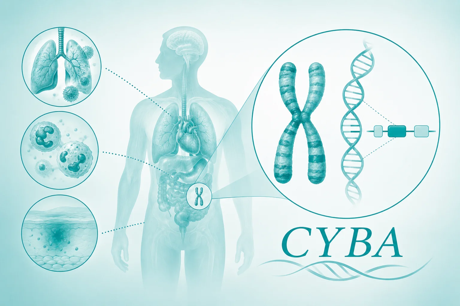 CYBA 缺乏型慢性肉芽肿病 - 染色体与基因示意