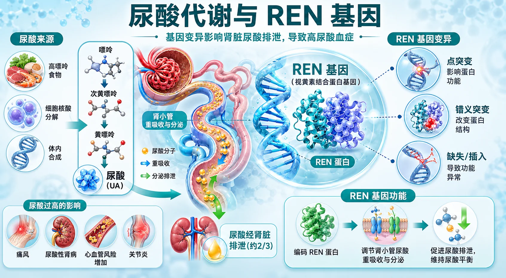 家族性青少年高尿酸血症肾病2 型 - 尿酸代谢示意