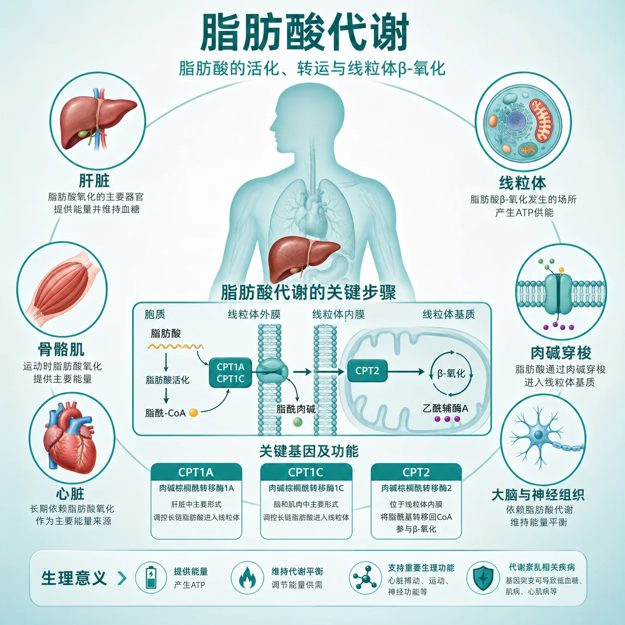 肉碱软脂酰转移酶缺乏症 - 脂肪酸代谢示意图