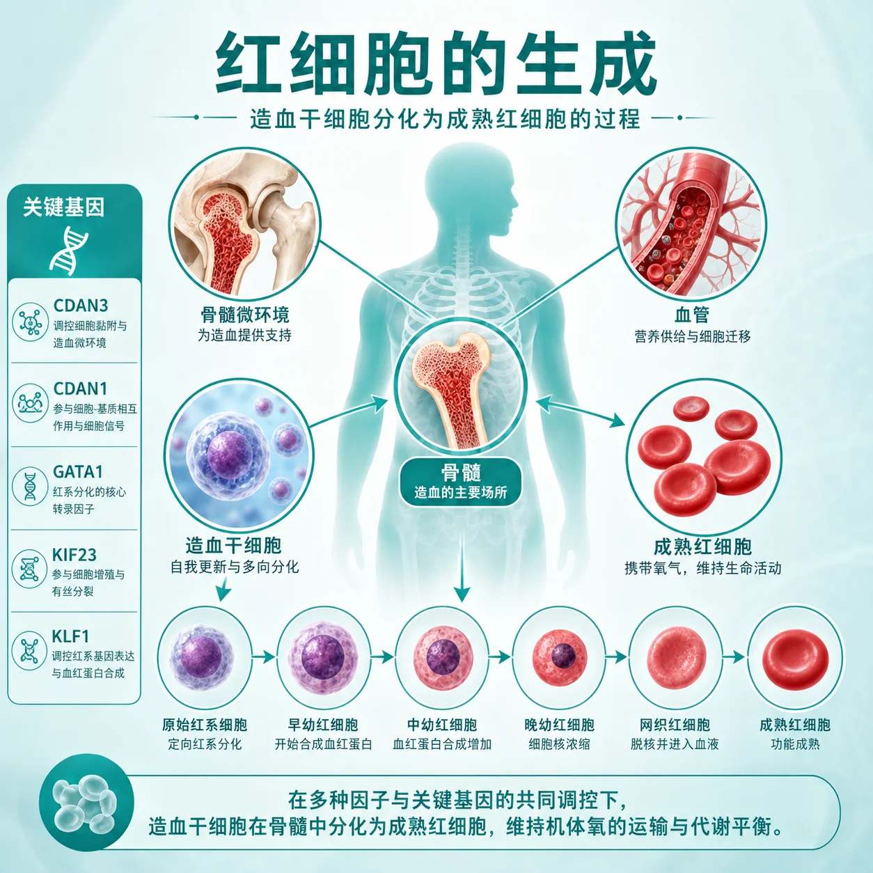 先天性红细胞生成异常性贫血 - 红细胞生成 骨髓造血 遗传疾病示意